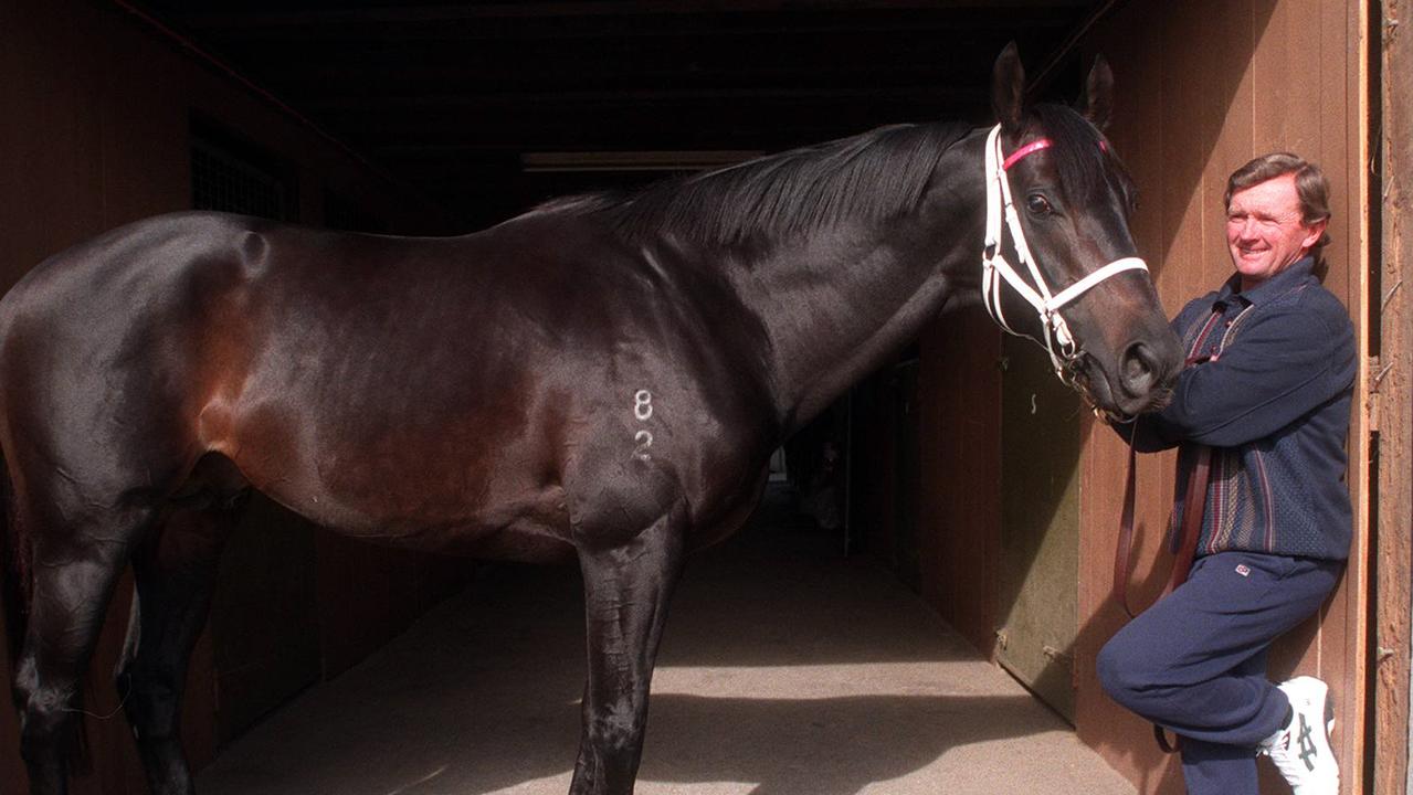 Racehorse trainer John Hawkes and racehorse Octagonal at Toltrice Lodge Stables, Glengowrie.