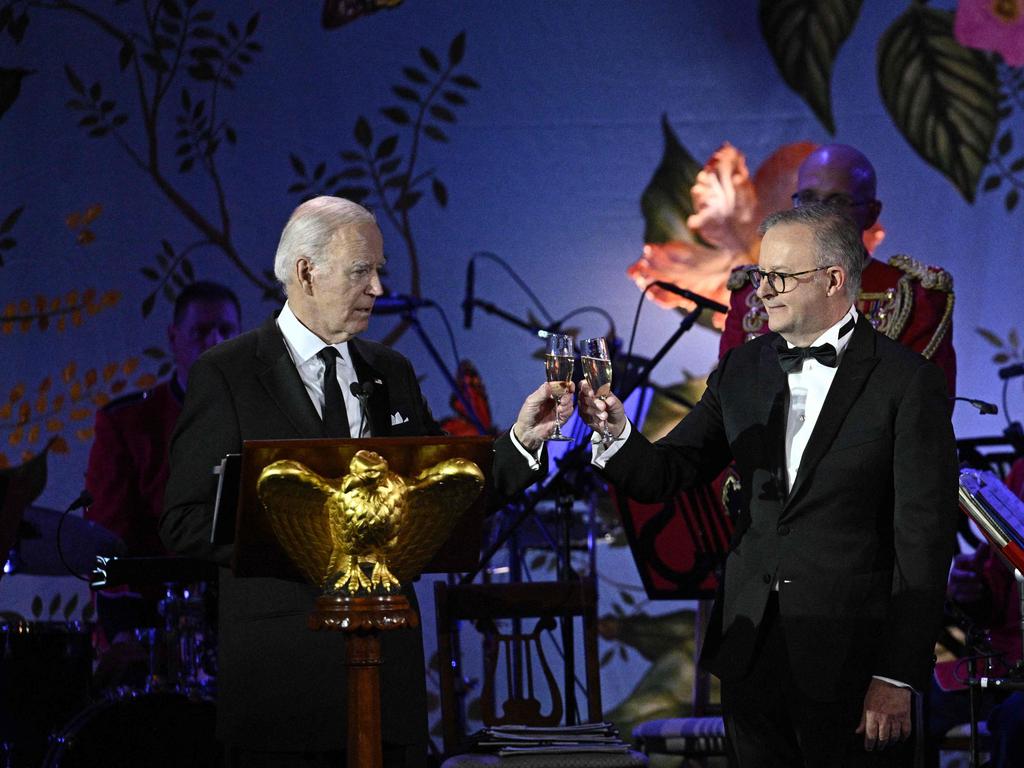 The speed date seemed to go well – Biden and Albanese shared a toast at the State Dinner. Brendan Smialowski/AFP