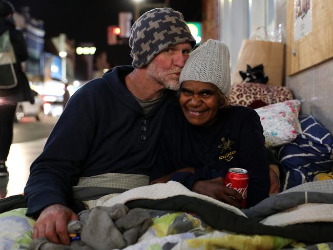 Scott and partner Roslyn in their ‘bedroom’ on King St Newtown. The volunteers have helped connect them to an assertive outreach worker, who has assisted them to apply for emergency social housing. Picture: Jonathan Ng