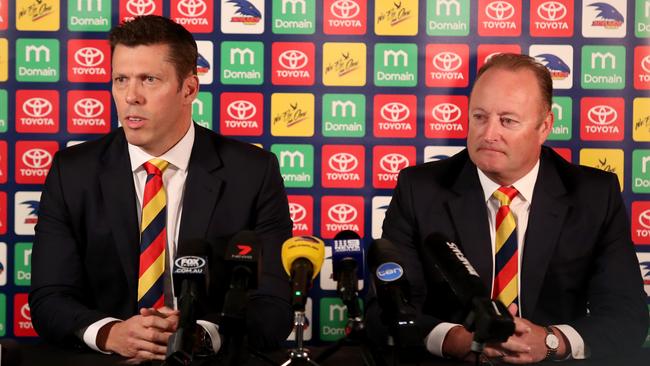 Adelaide Football Club chief Andrew Fagan and Crows chairman Rob Chapman earlier this year. Picture: AAP Image/Kelly Barnes