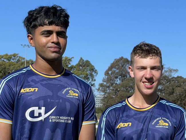 Yuva Nishchay and Cameron Frendo in their Fairfield-Liverpool kit. Picture: Jason Hosken (News Corp)