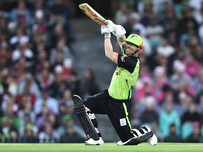 David Warner was unbeaten on 22 from 14 balls when rain stopped play at the SCG. Picture: Getty Images