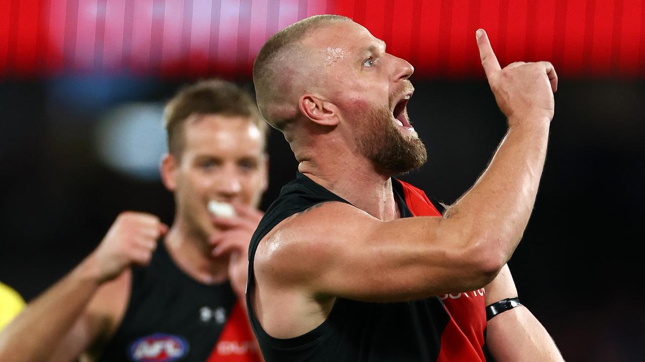 Jake Stringer celebrates Essendon’s big win over the Dogs. (Photo by Quinn Rooney/Getty Images)