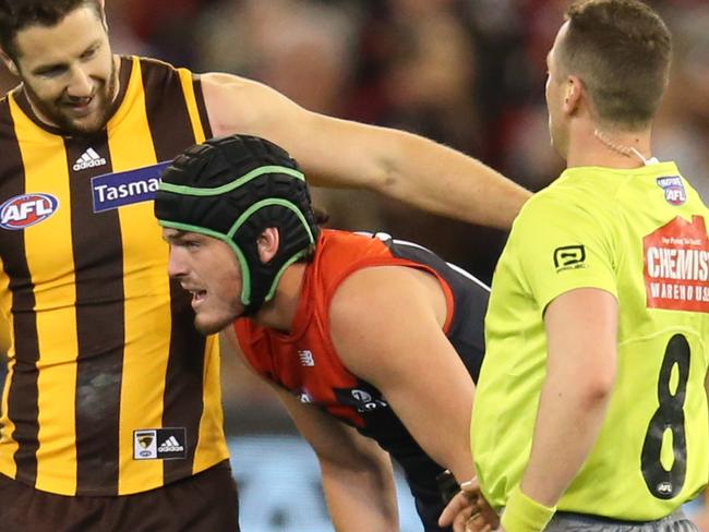 AFL 1st Semi-Final. 14/09/2018. Hawthorn vs Melbourne at the MCG.  Melbourne's Angus Brayshaw after colliding with Hawthorn's Shaun Burgoyne 4th qtr  . Pic: Michael Klein