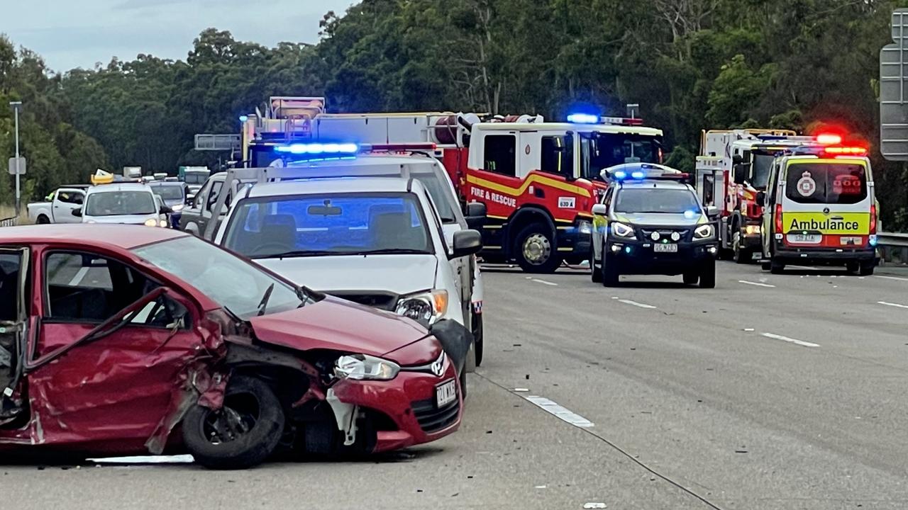 A multi-vehicle crash on the Pacific Motorway at Coomera near Exit 54 on March 11, 2022. Picture: QAS