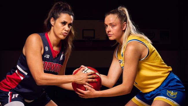 WNBL Lighting stars Ally Wilson (L) and Brooke Basham (R) will go head to head this NBL1 Central season with Wilson playing for Norwood and Basham on Forestville’s roster. The 2021 NBL1 season tips off this Saturday night. Picture: Matt Loxton