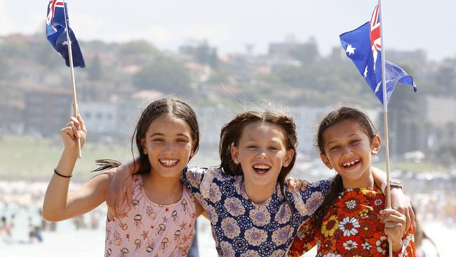 Milla Kinsella, Charli Crombie and Billie Shapiro, all 8, having fun at Bondi Beach on Australia Day 2023. Picture: Jonathan Ng