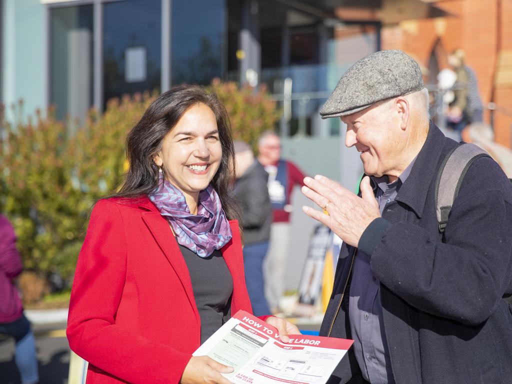 Voter Nino Milic talks to Labor senator Lisa Singh outside the North Hobart polling station. Lisa Singh voting in North Hobart. Picture: RICHARD JUPE