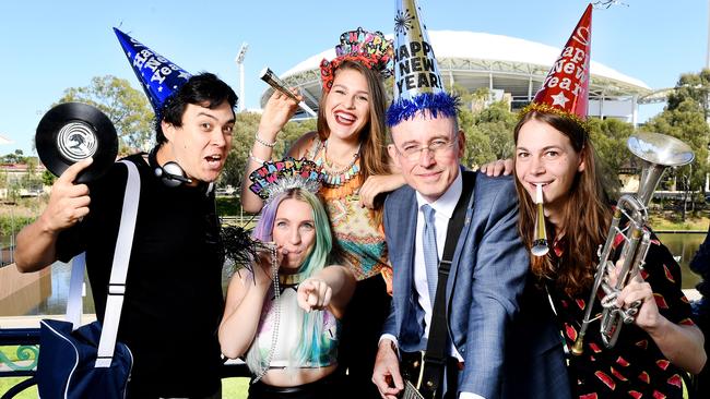 Adelaide Lord Mayor Martin Haese (centre) with New Year’s Eve performers Tim Whitt, Caroline Tucker (CARZi), Belle Ballard and Sean Helps from Abraska at Elder Park.