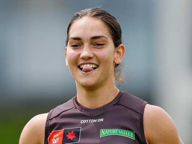 MELBOURNE, AUSTRALIA - OCTOBER 17: Mattea Breed of the Hawks in action during a Hawthorn Hawks training session at Waverley Park on October 17, 2024 in Melbourne, Australia. (Photo by Dylan Burns/AFL Photos via Getty Images)