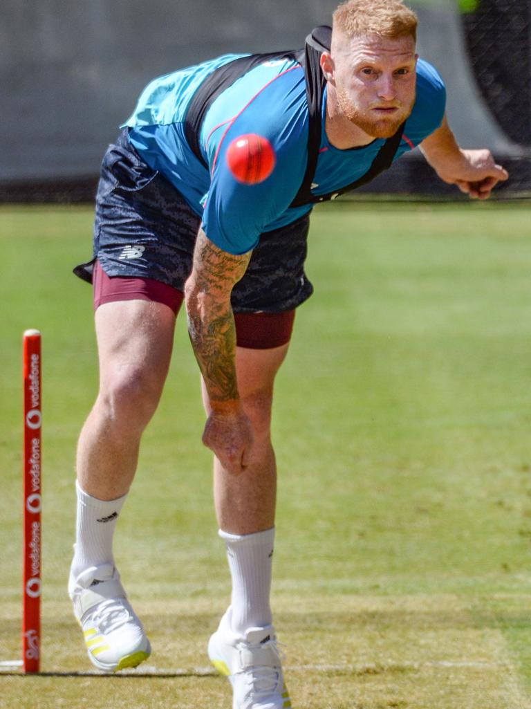 England's paceman Ben Stokes was thundering the ball down in the Adelaide nets alleviating any injury concerns. Picture: Brenton Edwards/AFP