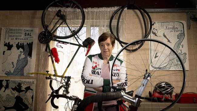 Pioneering female cyclist, Margaret McLachlan, with her bike collection in the garage of her Cooranbong home near Lake Macquarie. Picture: Peter Stoop/TWAM