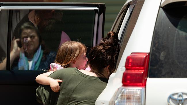 Cleo Smith and her mum Ellie are seen leaving a house where she spent her first night after being rescued. Picture: AAP