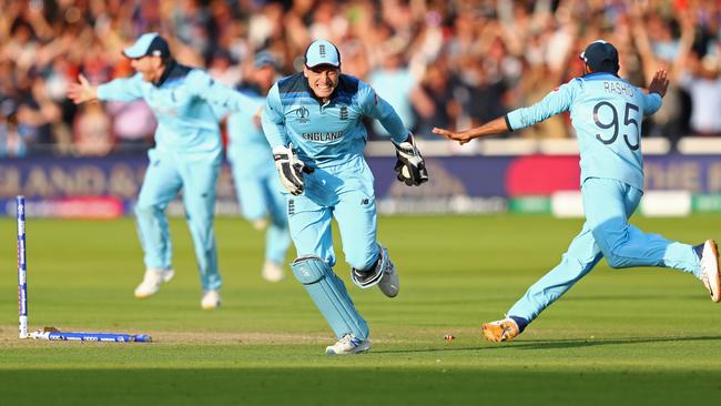 England players celebrate victory after the deciding super over in the Cricket World Cup final against New Zealand at Lord’s. Picture: Getty Images