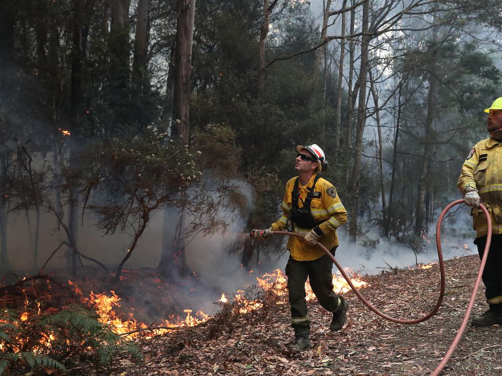 January 2019 Tasmanian Bushfires. Firefighters from Sustainable Timber, Department of Parks and Wildlife and New Zealand work on a spotfire on Arve Rd just out of Geeveston in the Huon Valley. Picture: NIKKI DAVIS-JONES