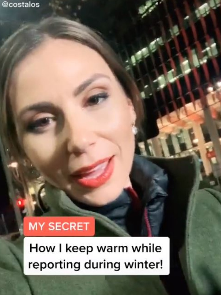 Channel 10 journalist Kristina Costalos shared her ‘secret’ solution to reporting outside during winter. Picture: TikTok/Kristina Costalos
