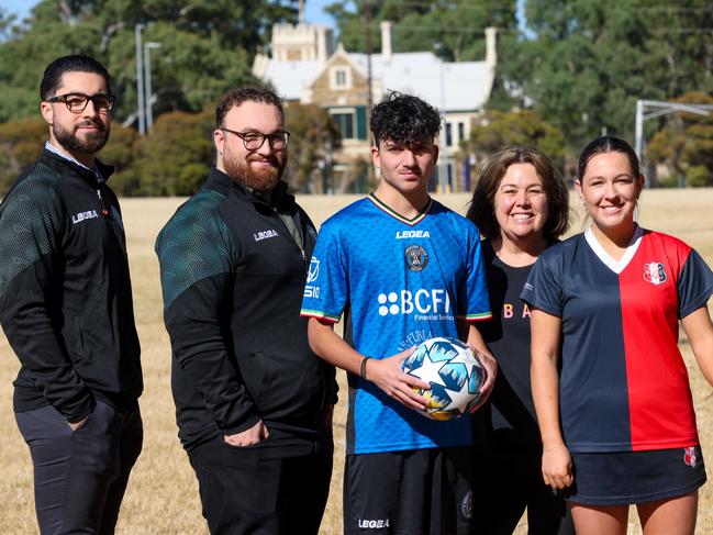 AC Unito Adelaide co-founders Carlo Troncone and George Francesco Belperio, soccer player Georgio Flourentzou, Burnside Hockey Club member Caroline Davies and hockey player Jemima Davies at the UniSA Magill campus. Picture: Russell Millard Photography