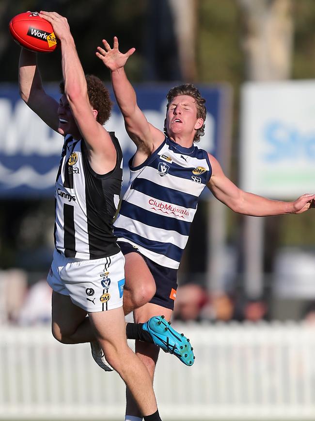 Wangaratta’s Tyler Norton marks in front of Yarrawonga’s Max Hemphill. Picture: Yuri Kouzmin