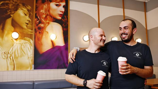 Adrian Pizzolato (left) and Phillip Salhab have transformed Appetite Cafe into a Taylor Swift shrine. Picture: Sam Ruttyn