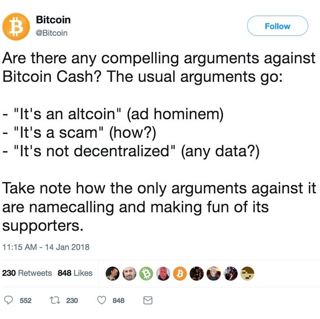 Bitcoin cash hijacked the bitcoin twitter handle earlier in the week. Picture: Bitcoin/Twitter