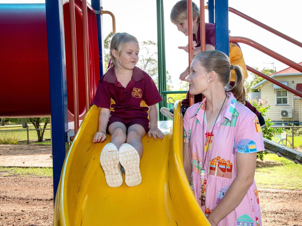 MY FIRST YEAR: Southbrook State School Prep students Isabelle and Henry with teacher Miss Lucy Hood. Absent Prep student Winter, March, 2024. Picture: Bev Lacey