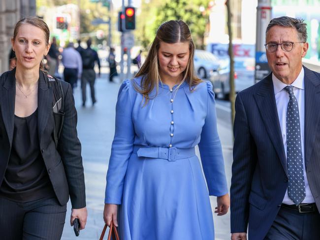 Brittany Higgins arrives at David Malcolm Justice Centre to meet face to face with Linda Reynolds as part of a court-ordered mediation earlier this year. Picture: Colin Murty.