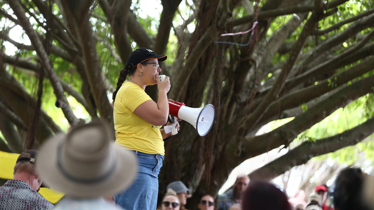 The Informed Medical Options Party candidate for Leichhardt Silvia Mogorovich spoke to the large crowd of Freedom Rally supporters before the march down the Esplanade. PICTURE: Brendan Radke