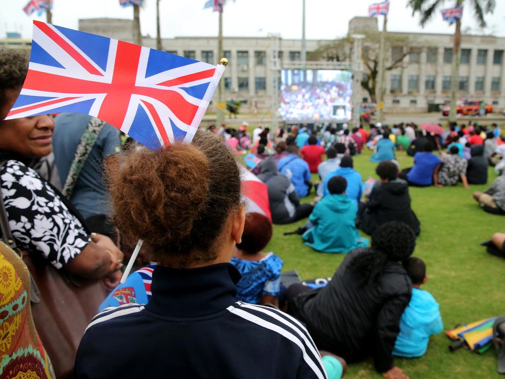 Crowds gather for the arrival of The Duke and Duchess of Sussex, Prince Harry and Meghan at Prince Albert Park in Suva for their traditional welcome to Fiji. Picture: Nathan Edwards.