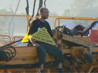 A protester on a drilling rig at Silverdale Plains. . Picture: Contributed