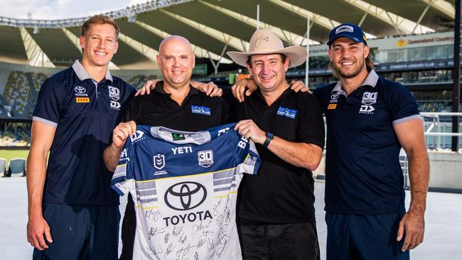 Toyota North Queensland Cowboys centre Jaxon Purdue, Team Code Blue Secretary Peter Vinnicombe, charity president Shane Martin and Cowboys utility Karl Lawton. Picture: Supplied