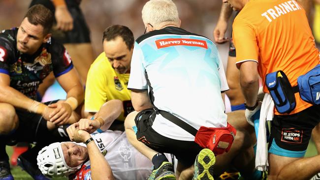 Jarrod Croker lays on the ground injured during the All Stars match.