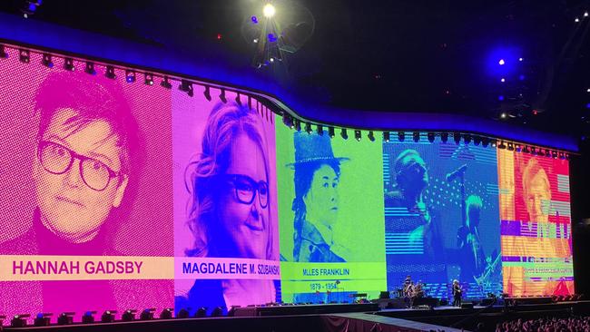 Hannah Gadsby and Magda Szubanski on U2’s big screen. Picture: News Corp Australia.