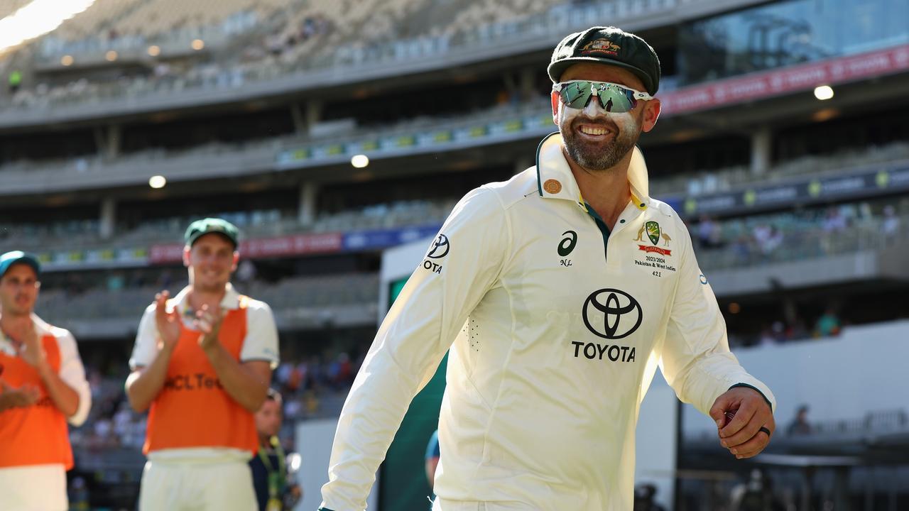 Nathan Lyon of Australia is clapped off the field after taking his 500th test wicket after Australia claimed victory during day four of the Men's First Test match between Australia and Pakistan at Optus Stadium on December 17, 2023 in Perth, Australia (Photo by Paul Kane/Getty Images)