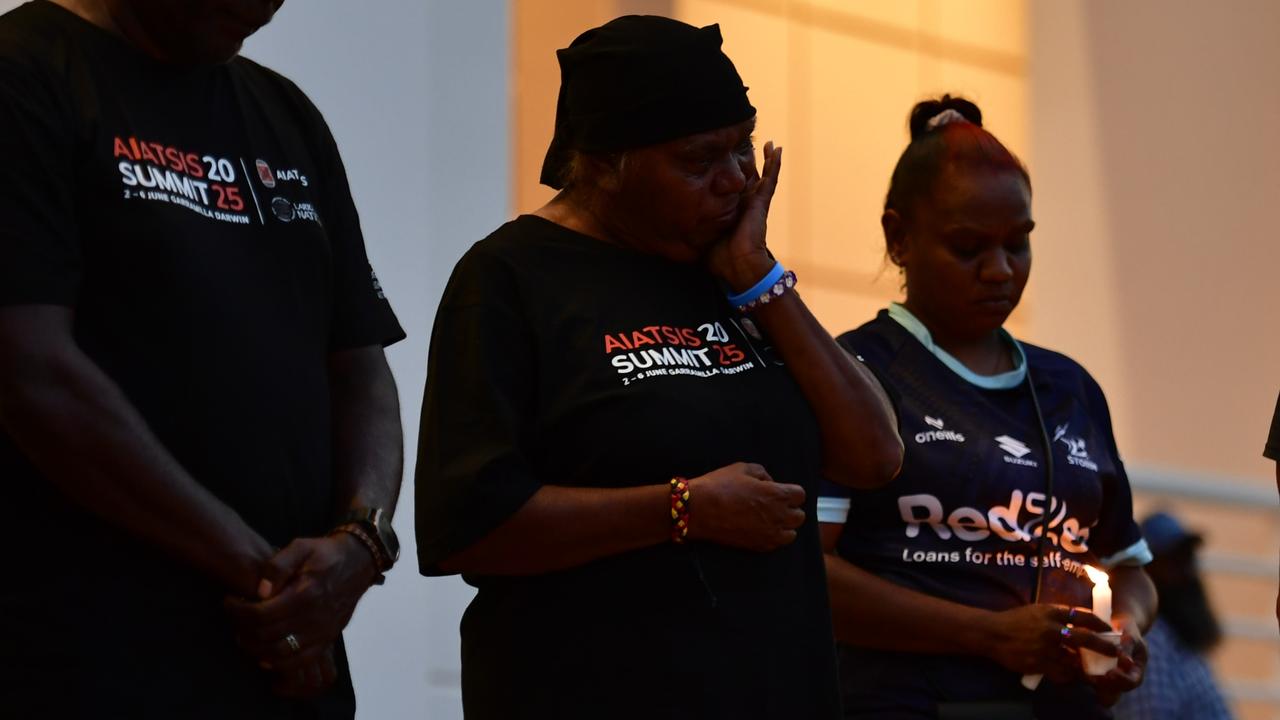 Warlpiri community leaders stood outside the NT Parliament on Wednesday during a vigil for Kumanjayi White, a 24-year-old Yuendumu man with a disability who died after being restrained by police in the Alice Springs Coles. Picture: Zizi Averill
