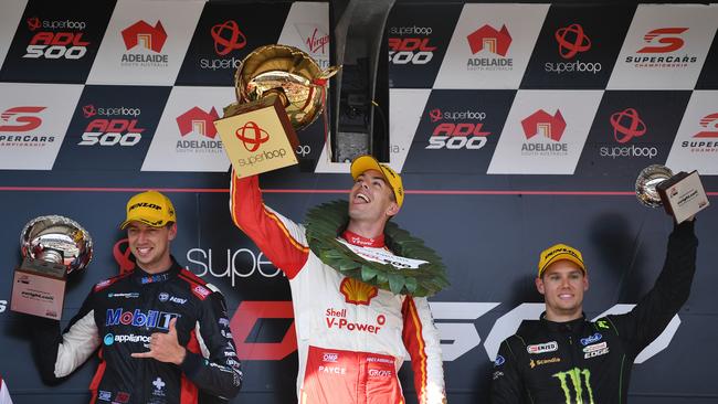 Chaz Mostert from Team Walkinshaw Racing, Scott McLaughlin from DJR Team Penske and Cameron Waters from Team Tickford Racing are seen on the podium after the Superloop Adelaide 500 at the Adelaide Street Circuit in Adelaide, Sunday, February 23, 2020. Picture: AAP / David Mariuz