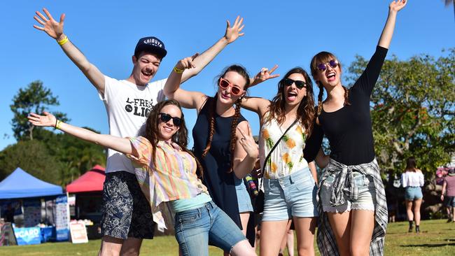 Joseph Fraser, Jessie Fraser, Jordana Shoebridge, Kalah Cartellone and Lauren Everest at the Big Pineapple Music Festival in 2016.