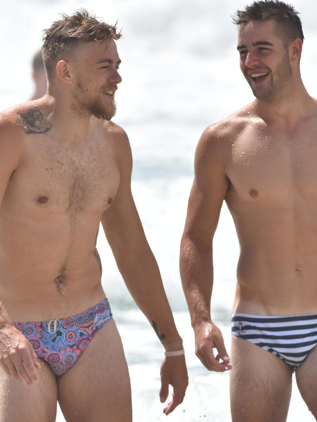 Adelaide Crows' players Hugh Greenwood and Myles Poholke during the club’s malinged preseason camp on the Gold Coast. Picture: Adelaide Football Club.