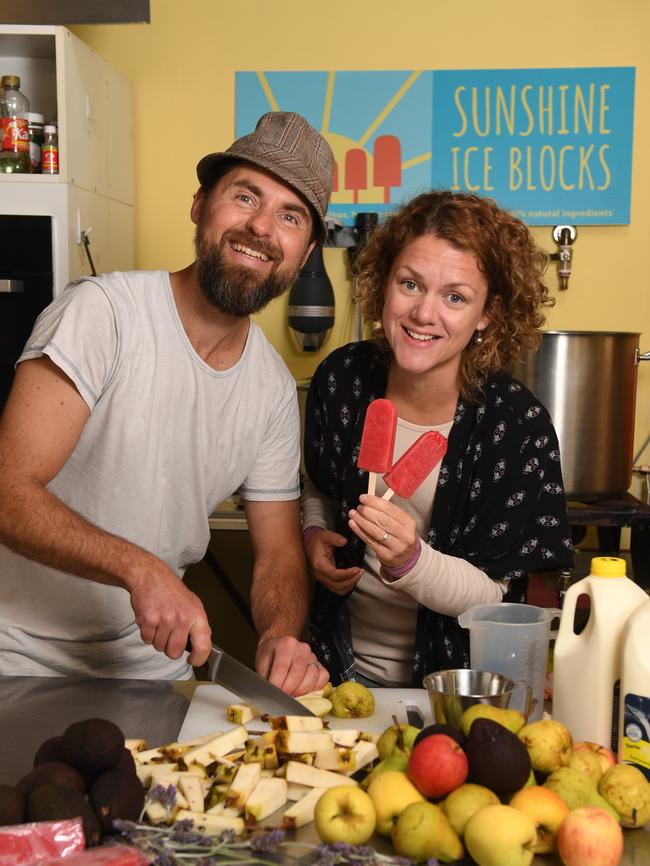 Brendan Lineage with his wife Courtney Stephen making their all natural ice creams in their production kitchen on their Bull Creek property. Pic: Tricia Watkinson