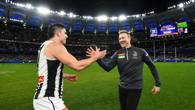 Magpies coach Nathan Buckley loves Brayden Maynard, who is yet to concede a goal to Daniel Rioli.