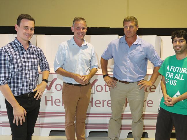 The draw for the order of candidates on the ballot paper in the seat of Bonney.Photo of (L-R) Sam O'Connor (LNP), Rowan Holzberger (ALP), Robert Buegge (IND), Amin Javanmard (Greens).Photo by Richard Gosling