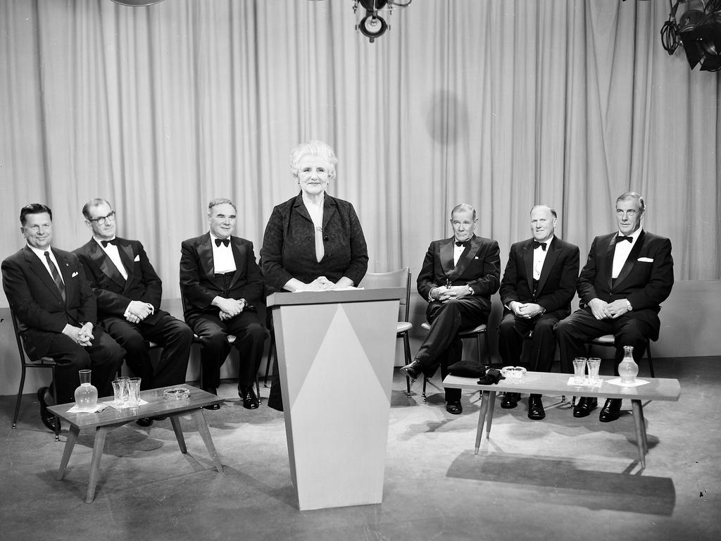 Liberal icon Dame Enid Lyons speaking during ABC-TV's inaugural broadcast in Tasmania in 1960. Mercury Historical Archive photo.