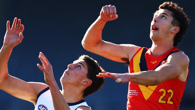 Central District’s Will McCabe leaps to spoil for South Australia against Vic Country at this year’s AFL under-18 national championships. Picture: Graham Denholm/AFL Photos via Getty Images