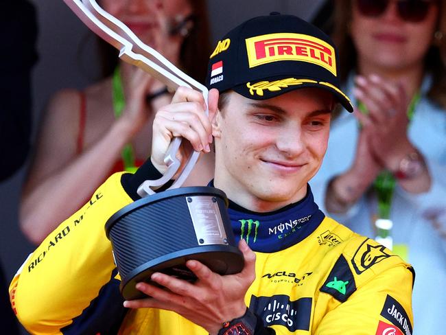 MONTE-CARLO, MONACO - MAY 26: Second placed Oscar Piastri of Australia and McLaren celebrates on the podium during the F1 Grand Prix of Monaco at Circuit de Monaco on May 26, 2024 in Monte-Carlo, Monaco. (Photo by Clive Rose/Getty Images)