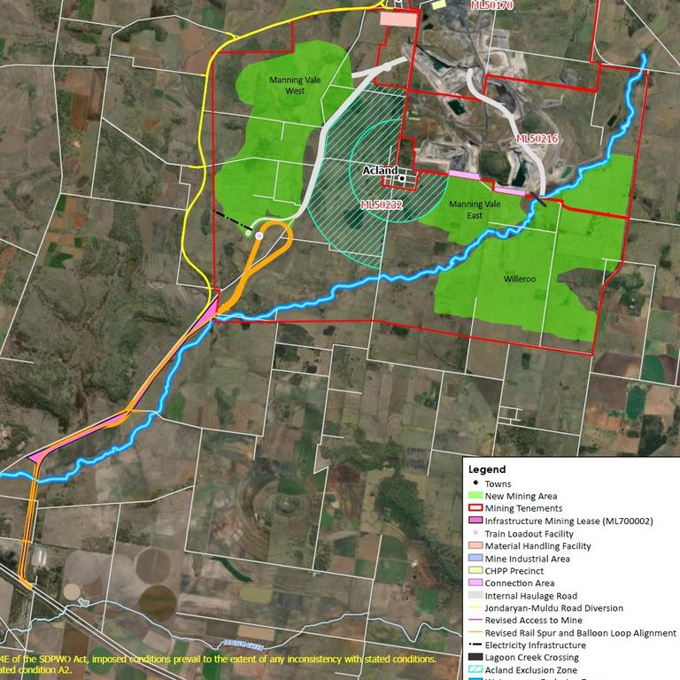 Maps of the proposed Stage 3 expansion of the New Acland Coal Mine. The area is green shows the new coal pits. The town of Acland is in the centre.