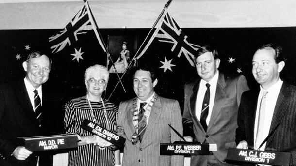 Mrs Diamond in 1988 upon her retirement, pictured with Lex Bell and outgoing councillors Denis Pie, Peter Webber and Chris Gibbs.