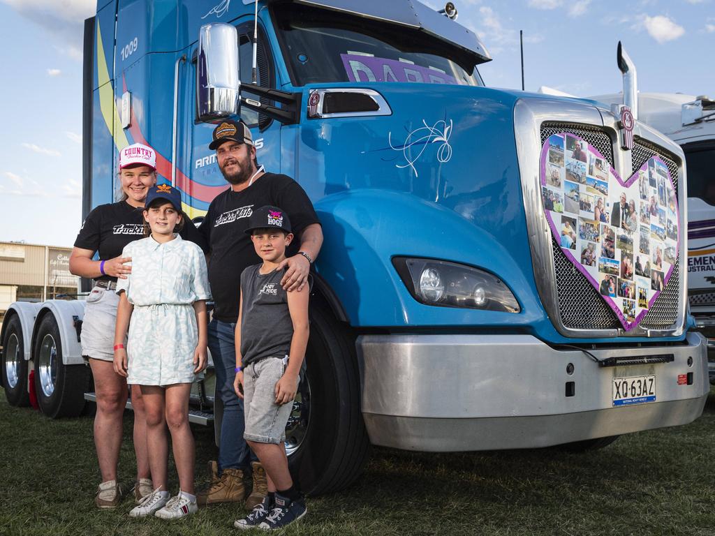 Brittani and Cameron Vines with their kids Alexis and Brad at Lights on the Hill Trucking Memorial at the Gatton Showgrounds, Saturday, October 5, 2024. Picture: Kevin Farmer