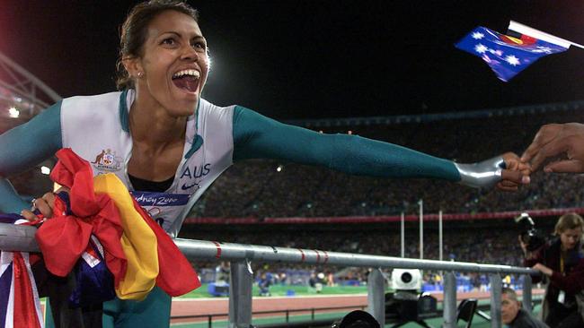 Cathy Freeman after her amazing win. Picture: Craig Borrow