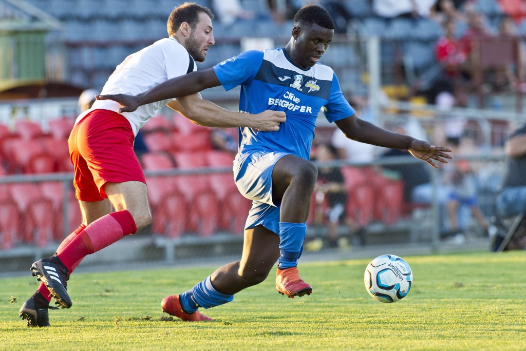 Kimba Kibombo for South West Queensland Thunder against Redlands United in NPL Queensland men round eight football at Clive Berghofer Stadium, Saturday, March 23, 2019. Picture: Kevin Farmer