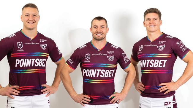 Manly’s Sean Keppie, Kieran Foran and Reuben Garrick in the Sea Eagles’ Pride jersey, which created a storm last week. Picture: Manly Digital