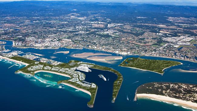 Breakwater Group plans for a mega development involving a cruise ship terminal, superyacht marina and ferry terminal at The Spit with 175 land packages for third-party developers which would fund the project. Any development is proposed to stay within the height limits - and material from dredging to carve out the cruise ship terminal bay would add to the Wavebreak Island land mass.